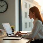 Mastering Time Management Strategies for Career Advancement Success A young professional woman sits at a clutter-free desk, gazing intently at a clock as she focuses on mastering time management strategies for career advancement success with AI automation skills in mind amidst lush greenery and productivity books.