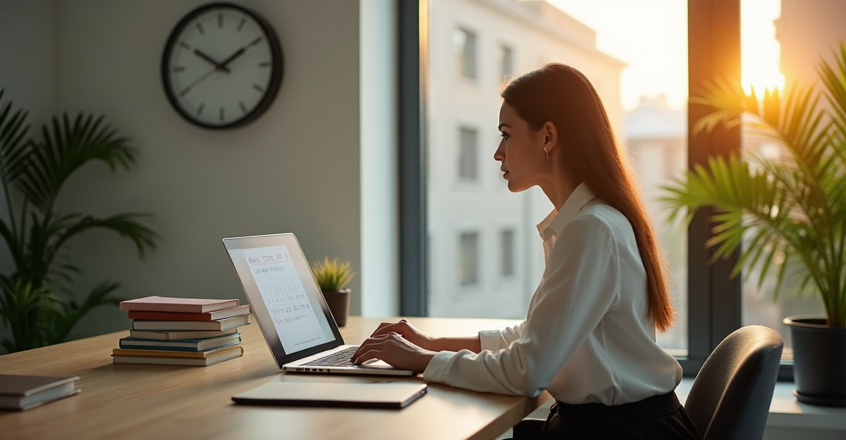 A young professional woman sits at a clutter-free desk, gazing intently at a clock as she focuses on mastering time management strategies for career advancement success with AI automation skills in mind amidst lush greenery and productivity books.