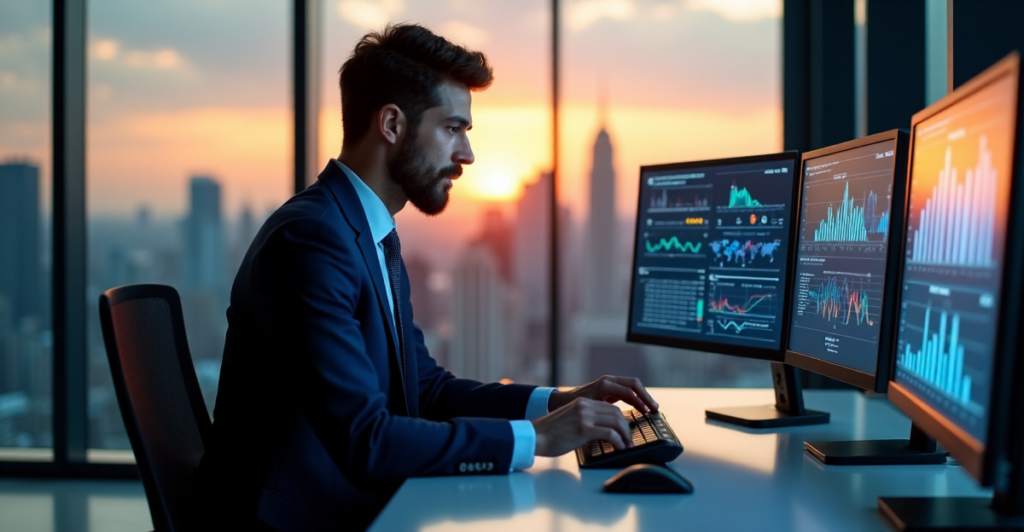 "A professional in a navy blue suit sits intensely focused on data analytics dashboards and AI-powered visualizations, showcasing AI automation skills."