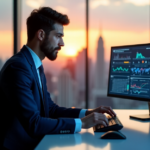Mastering Data Analytics for Operational Efficiency: Unlock Business Insights with AI-Powered Strategies "A professional in a navy blue suit sits intensely focused on data analytics dashboards and AI-powered visualizations, showcasing AI automation skills."