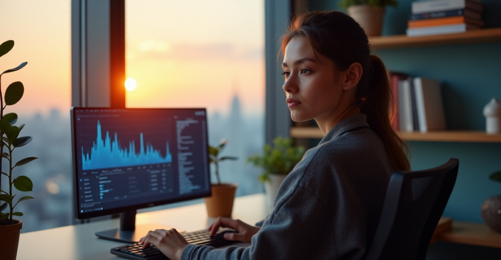 "A young professional in a modern home office, focused on an AI-powered laptop with data visualization, surrounded by productivity tools and calming decor."