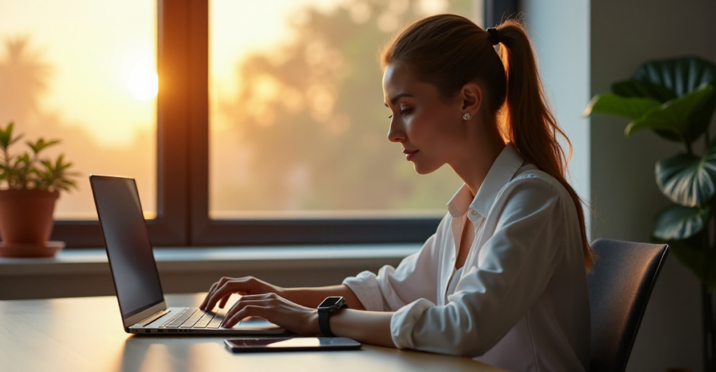 "A young professional woman efficiently works on her laptop in a modern home office, exemplifying future-proof skills with cutting-edge technology."
