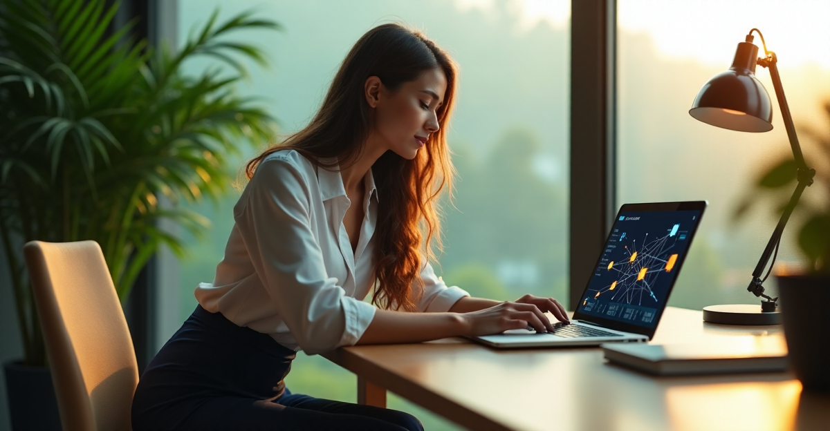 A young woman sits in a modern office, focused on a blockchain diagram on her laptop, surrounded by lush plants and natural light, conveying quiet contemplation and intellectual exploration of future-proof skills.