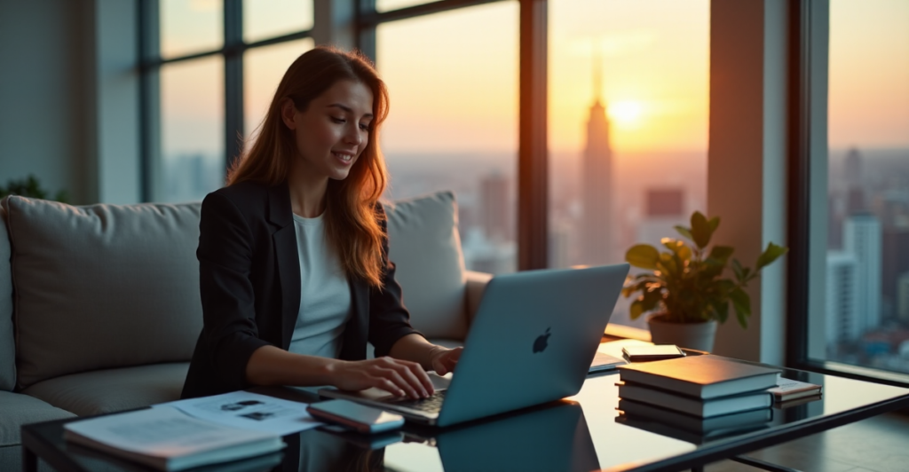 "A young professional woman sits on a minimalist couch, engrossed in learning AI automation skills on her laptop amidst a calming cityscape at sunset."