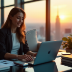"A young professional woman sits on a minimalist couch, engrossed in learning AI automation skills on her laptop amidst a calming cityscape at sunset."