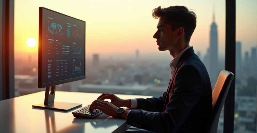 "A young adult sits at a minimalist desk, focused on an AI-powered automation software interface with data visualizations and charts, surrounded by a cityscape at sunset."