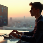 "A young adult sits at a minimalist desk, focused on an AI-powered automation software interface with data visualizations and charts, surrounded by a cityscape at sunset."