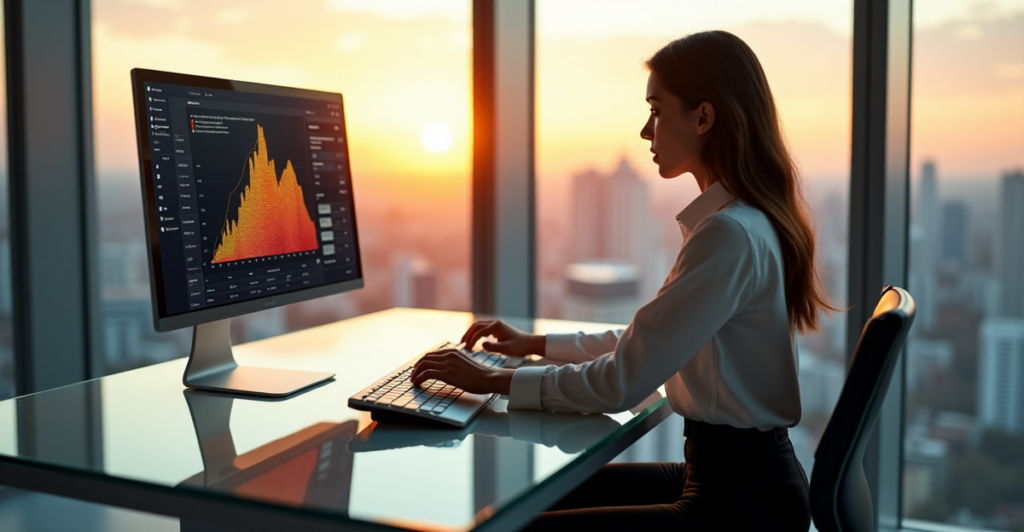 "A young businesswoman sits confidently in front of a sleek glass desk, intensely analyzing data on a high-resolution touchscreen monitor with AI-powered analytics software, exuding professionalism and determination."
