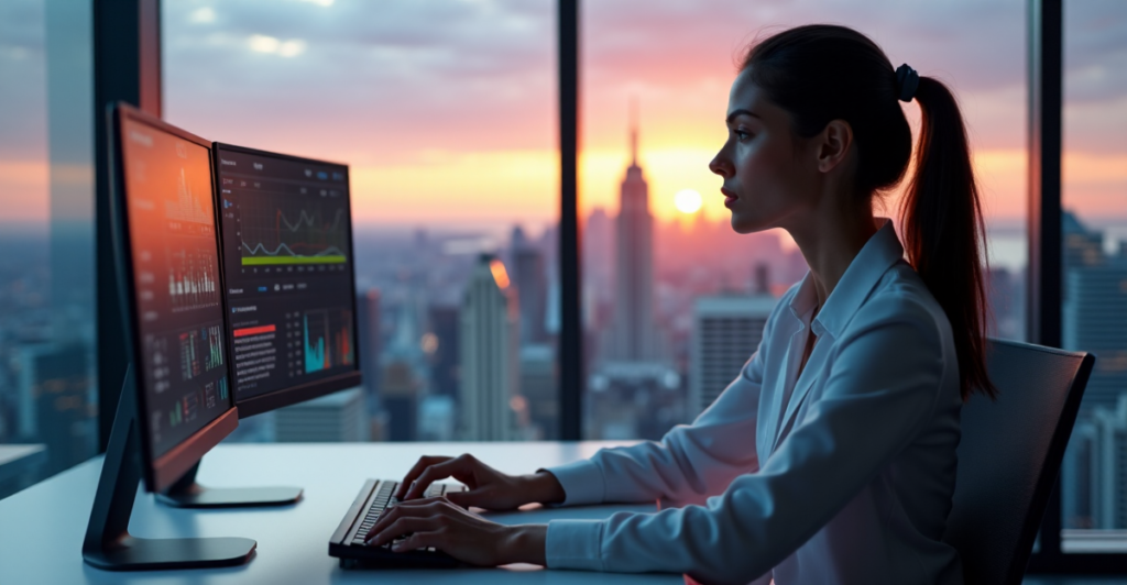 A young woman sits at a modern desk, focused on multiple computer screens displaying data analytics software, conveying confidence in future-proof cybersecurity skills.