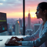 A young woman sits at a modern desk, focused on multiple computer screens displaying data analytics software, conveying confidence in future-proof cybersecurity skills.