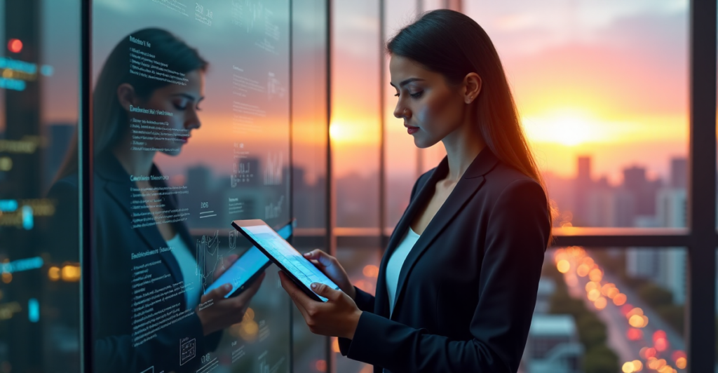 "A business executive stands confidently in front of a cityscape at sunset, intensely analyzing data visualization on her tablet, showcasing AI automation skills."