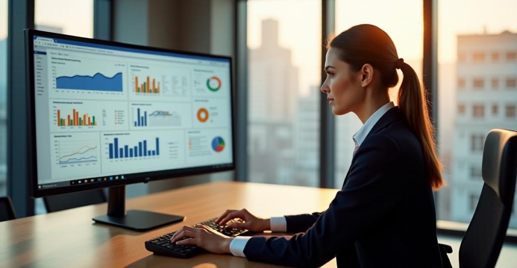 "An HR manager sits at a desk, intensely focused on a computer dashboard displaying data visualizations and charts, highlighting the importance of AI automation skills in human resources management."