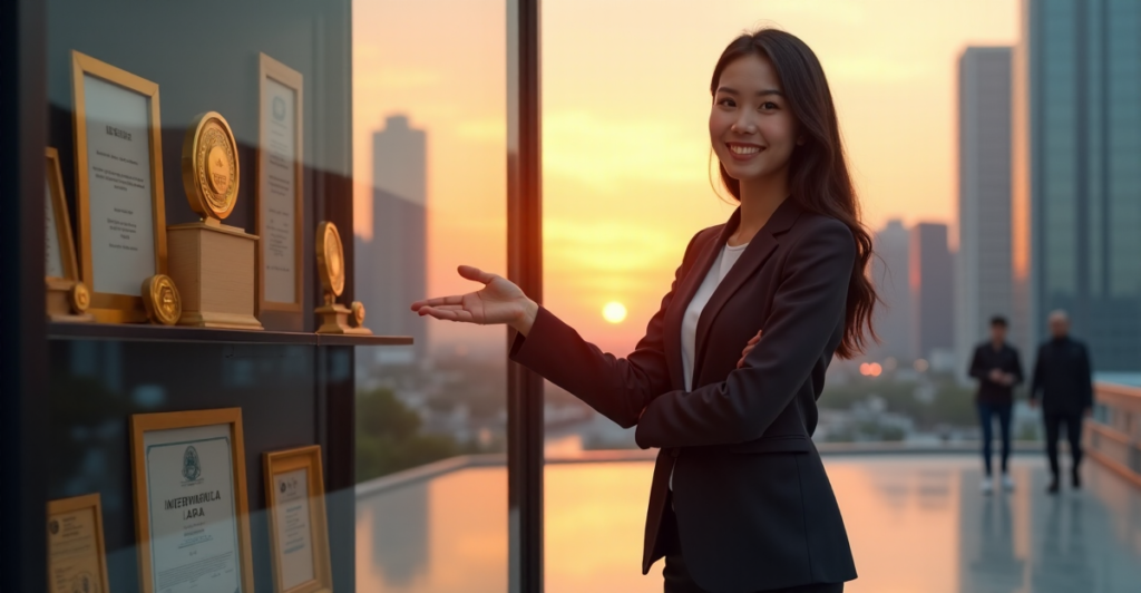 "A young professional woman stands confidently in front of a cityscape at sunset, surrounded by awards and certificates symbolizing career milestones and future-proof skills."