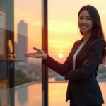 Mastering Career Advancement Strategies: Showcase Achievements for Lasting Growth "A young professional woman stands confidently in front of a cityscape at sunset, surrounded by awards and certificates symbolizing career milestones and future-proof skills."