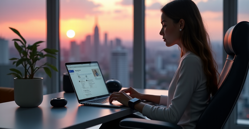 A young adult woman sits calmly on a modern desk chair, hands on a laptop keyboard, surrounded by high-tech gadgets in a well-lit living room with cityscape views at sunset.