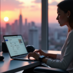 Mastering AI Automation Skills for a Smarter Future: Unlock Endless Possibilities in Online Learning and Development A young adult woman sits calmly on a modern desk chair, hands on a laptop keyboard, surrounded by high-tech gadgets in a well-lit living room with cityscape views at sunset.