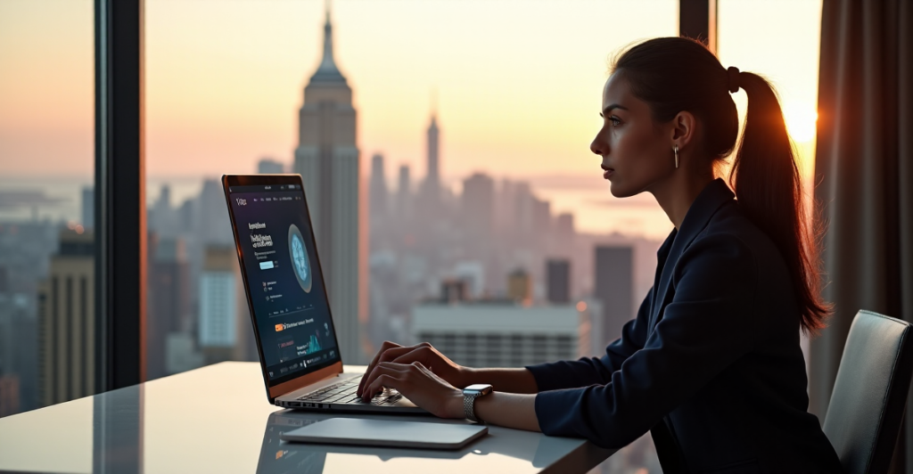 "A young professional woman sits confidently at a desk, gazing out of a floor-to-ceiling window while using an AI-powered skills development platform on her laptop to develop AI Automation Skills."