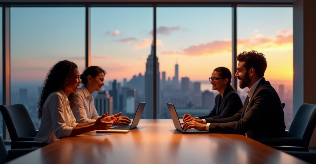 "A diverse group of remote team members collaborate around a wooden conference table, discussing AI automation skills amidst a modern cityscape at sunset."