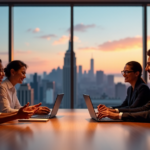 Master Remote Teamwork with Key Collaboration Skills for a Smarter Future "A diverse group of remote team members collaborate around a wooden conference table, discussing AI automation skills amidst a modern cityscape at sunset."
