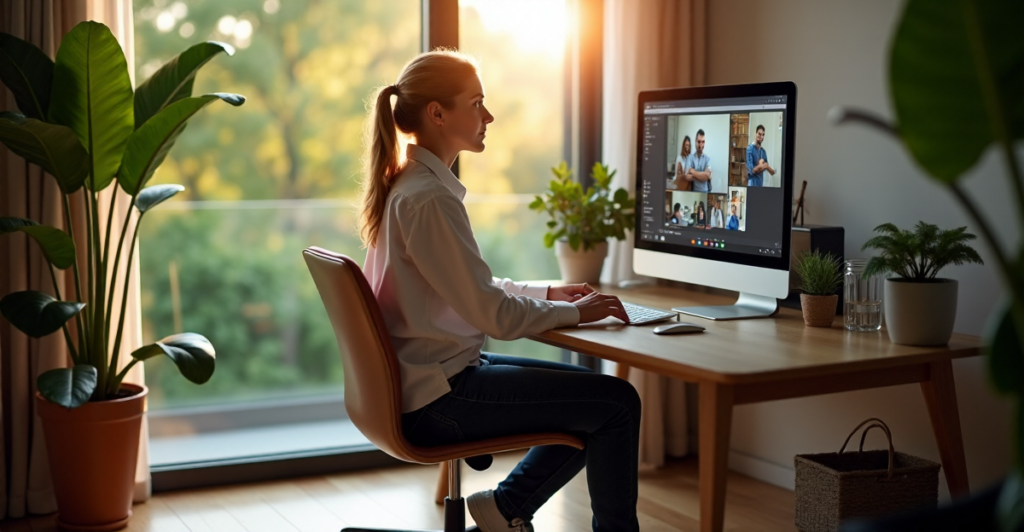 "A remote worker sits calmly at a minimalist desk, surrounded by lush greenery, with a focused expression, embodying future-proof skills in effective remote work management."