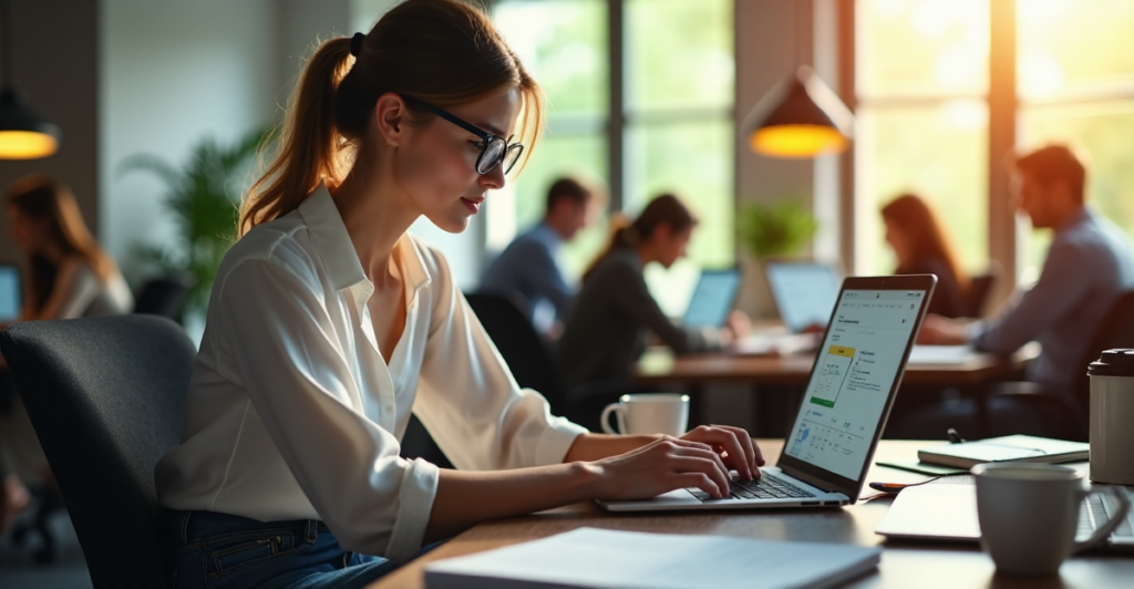"A young professional woman sits at a cluttered desk, focused on her laptop displaying project management tools amidst a blurred office background with warm natural light."