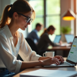 Navigate Remote Work Challenges with Smarter Strategies for Success "A young professional woman sits at a cluttered desk, focused on her laptop displaying project management tools amidst a blurred office background with warm natural light."