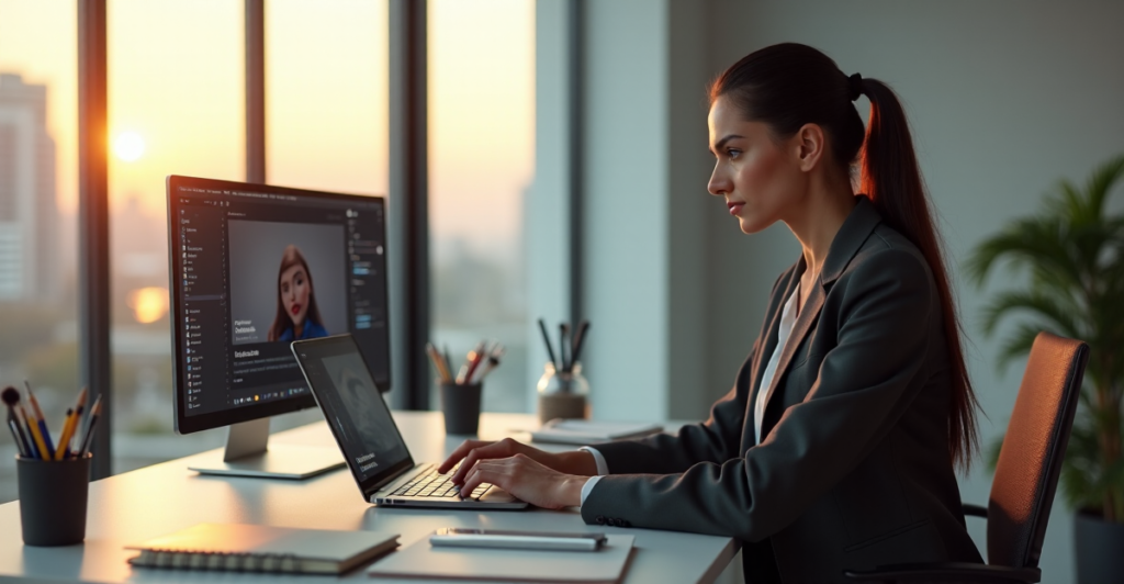 "A young professional woman sits confidently at a modern desk with a large monitor displaying an AI-powered virtual assistant interface, surrounded by organized stationery and office supplies, exuding confidence and determination in her future-proof skills."