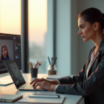 "A young professional woman sits confidently at a modern desk with a large monitor displaying an AI-powered virtual assistant interface, surrounded by organized stationery and office supplies, exuding confidence and determination in her future-proof skills."