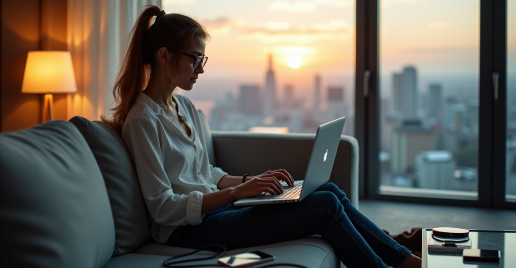 A young woman sits confidently on a modern couch, surrounded by digital devices, mastering online learning platforms to future-proof her skills amidst a serene cityscape at dusk.