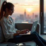 A young woman sits confidently on a modern couch, surrounded by digital devices, mastering online learning platforms to future-proof her skills amidst a serene cityscape at dusk.