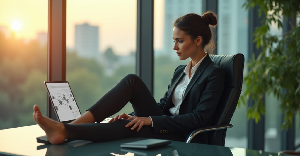 A young professional woman sits confidently in a modern office space, surrounded by lush greenery and cityscape, with her laptop displaying a network diagram, symbolizing future-proof skills and career growth.