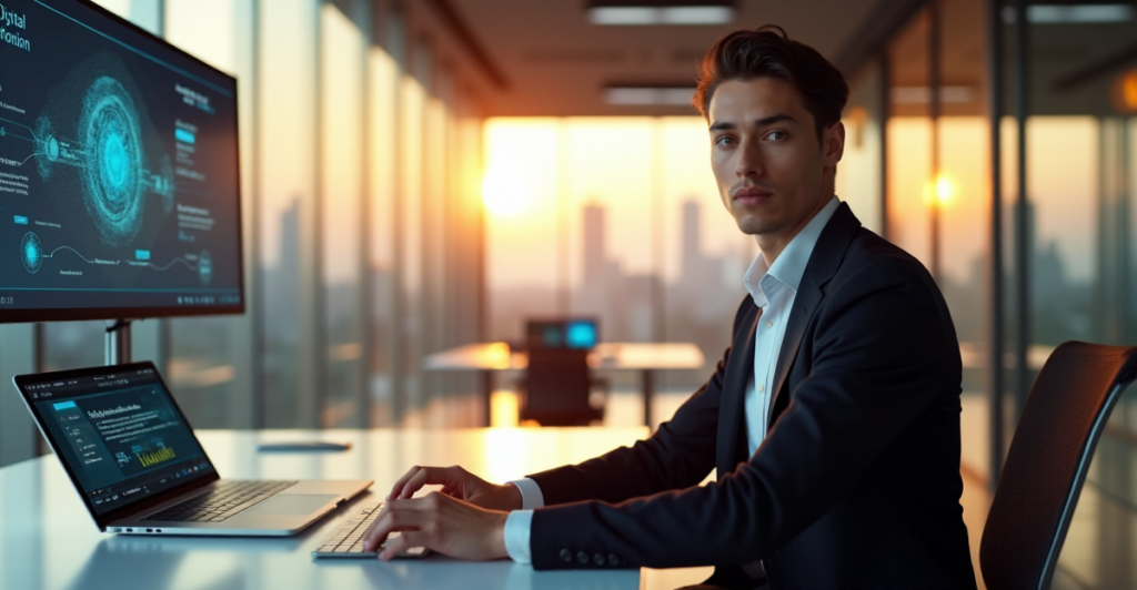 "A young professional sits confidently at a futuristic desk, surrounded by AI-powered screens and data analytics, conveying eagerness and determination in an AI-driven work environment."