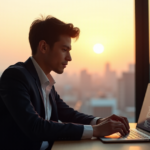 "A young freelance professional sits confidently in a minimalist office space, gazing at a laptop displaying AI-driven tools and plugins, conveying confidence and determination in upskilling with AI Automation Skills."