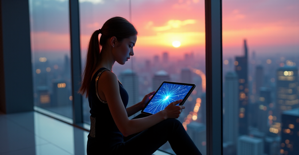 "A young adult sits in a futuristic room, focused on a high-tech tablet displaying a 3D neural network diagram, mastering AI automation skills."
