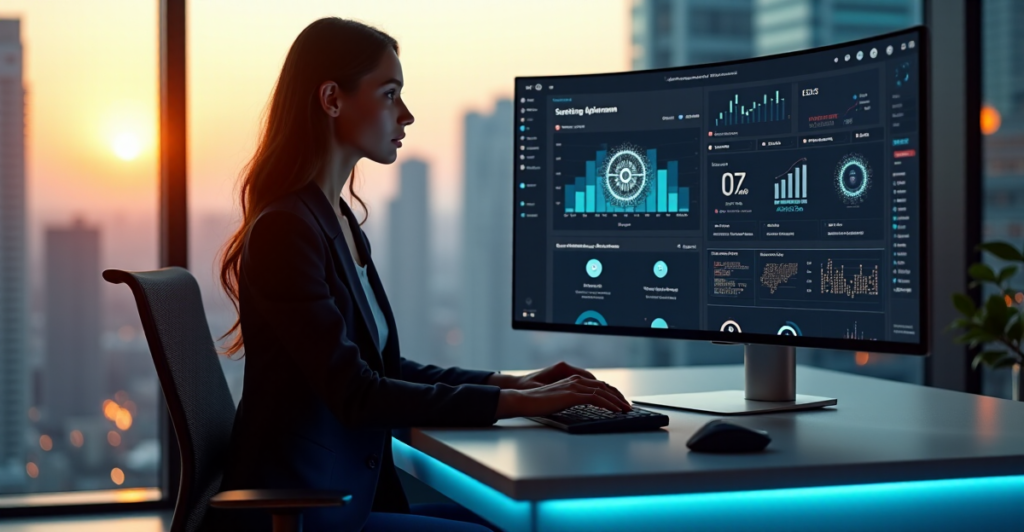 "A young professional woman sits confidently at a modern desk in front of a cityscape view, focused on an AI-powered career advancement platform with analytics and charts."