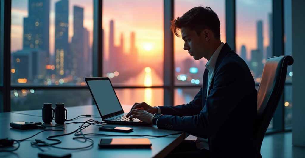 "A young adult sits in a high-tech office surrounded by digital devices, focused on developing AI automation skills with their laptop."