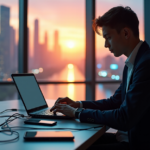 "A young adult sits in a high-tech office surrounded by digital devices, focused on developing AI automation skills with their laptop."