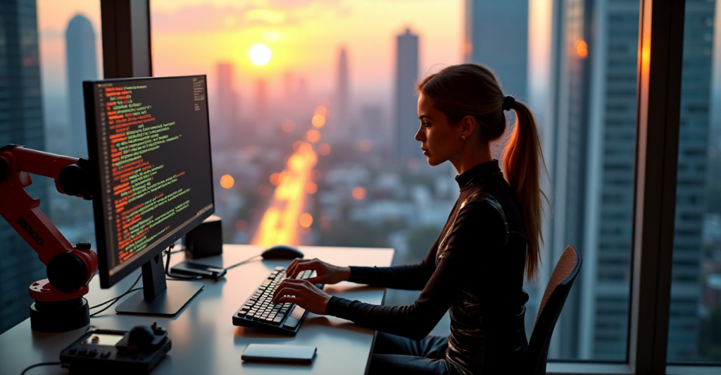 "A young woman sits at a modern desk, intensely coding with precision and speed, surrounded by automation tools and gadgets in a futuristic cityscape."