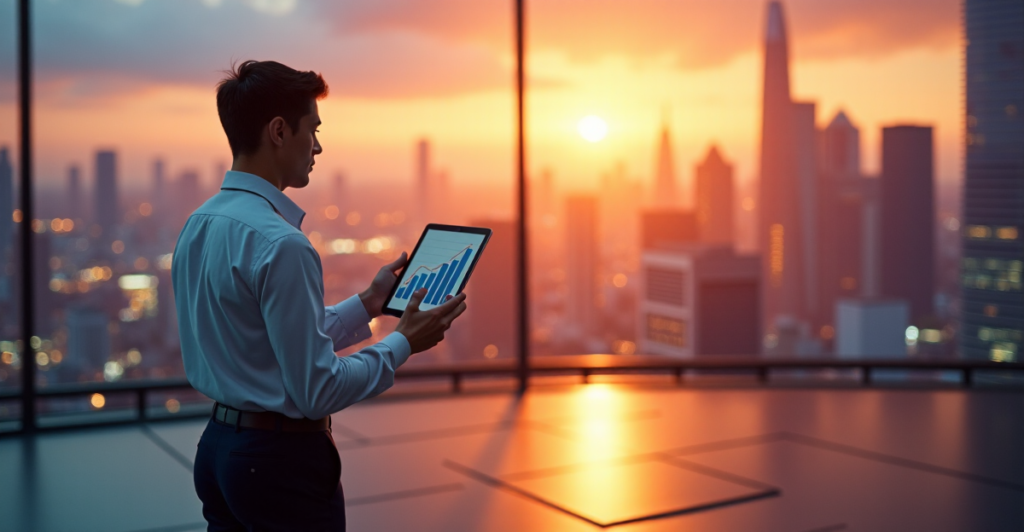 "A young professional stands confidently in front of a futuristic cityscape at sunset, exemplifying future-proof skills through AI automation trends."