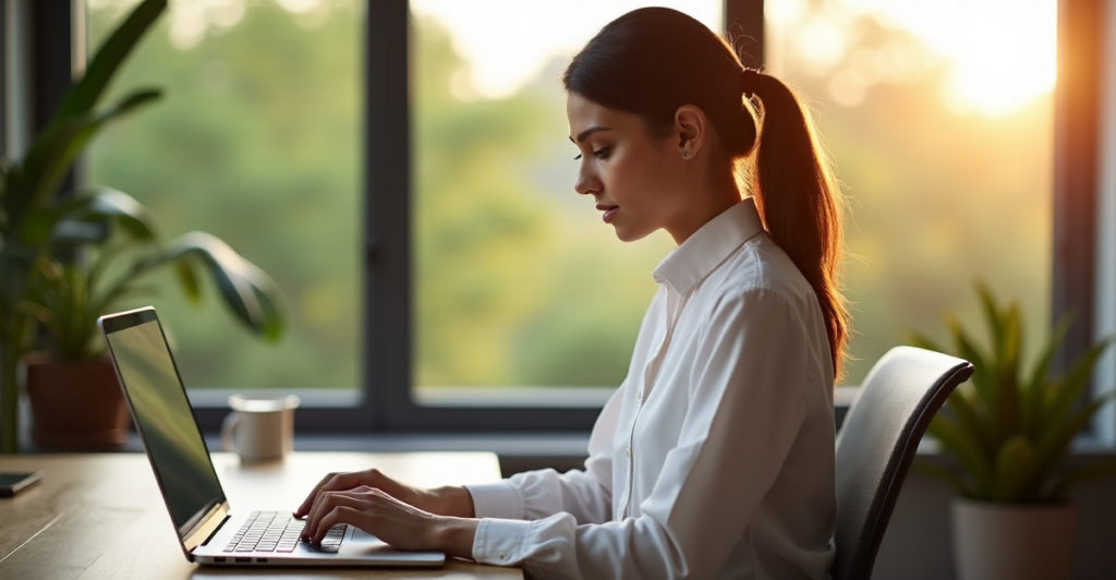 "A remote worker sits focused at a minimalist desk, surrounded by lush greenery, with a calm expression, conveying determination and productivity."