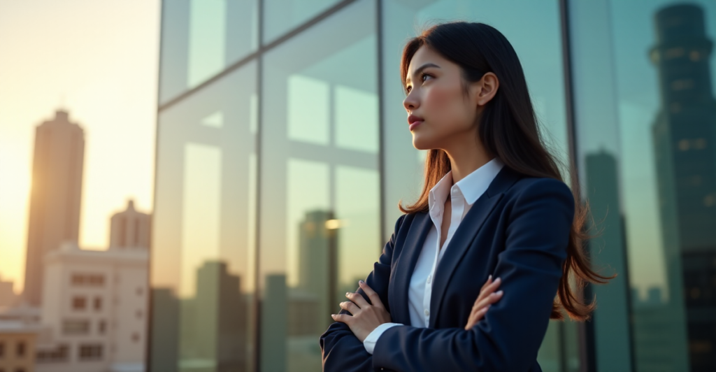 "A young professional woman stands confidently in front of a sleek office building, exuding determination and career ambition, highlighting the importance of AI automation skills in navigating modern work environments."