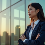 Navigating Office Politics for Career Growth and Advancement "A young professional woman stands confidently in front of a sleek office building, exuding determination and career ambition, highlighting the importance of AI automation skills in navigating modern work environments."