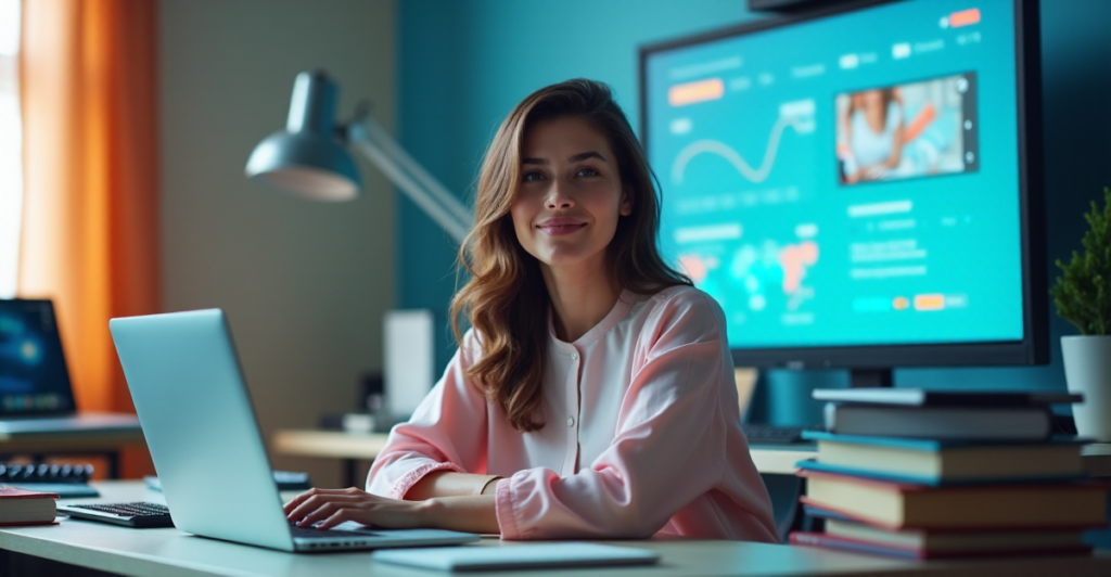 "A young woman sits confidently at a cluttered desk, surrounded by gadgets and laptops, with an AI-powered computer screen displaying virtual freelancing tools behind her."
