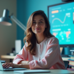 Succeed on Your Own Terms in the Gig Economy with AI-Powered Freelancing Skills "A young woman sits confidently at a cluttered desk, surrounded by gadgets and laptops, with an AI-powered computer screen displaying virtual freelancing tools behind her."