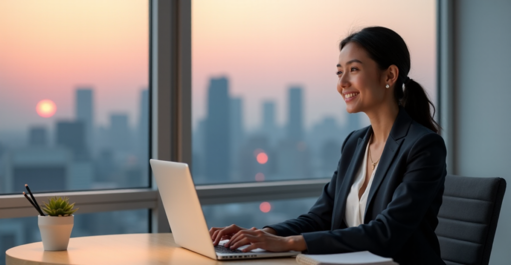 "A young professional woman sits confidently at a modern desk with a breathtaking cityscape behind her, dressed in a tailored business suit, laptop, notebook, and pen, conveying determination and optimism in the gig economy."