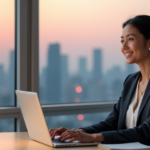 Master Freelancing with Nova: Unlock Your Potential in the Gig Economy with AI-Driven Skills for Long-Term Career Success and Resilience "A young professional woman sits confidently at a modern desk with a breathtaking cityscape behind her, dressed in a tailored business suit, laptop, notebook, and pen, conveying determination and optimism in the gig economy."