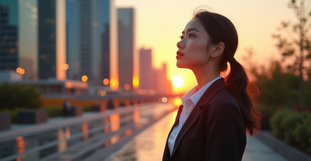 "A young professional woman stands confidently in front of a modern cityscape at sunset, exuding confidence and optimism as she gazes towards her future-proof skills and long-term career advancement."