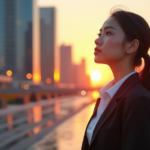 "A young professional woman stands confidently in front of a modern cityscape at sunset, exuding confidence and optimism as she gazes towards her future-proof skills and long-term career advancement."