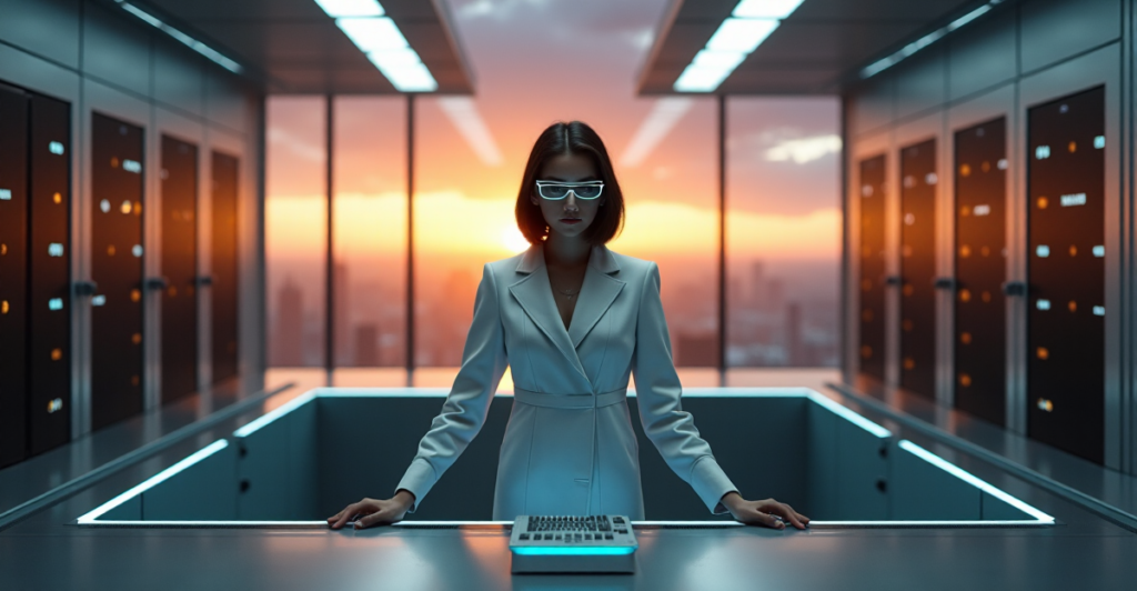 "A young woman in a white jumpsuit stands confidently at a sleek command center console amidst rows of humming servers and data storage units, ready to develop AI Automation Skills."