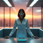 "A young woman in a white jumpsuit stands confidently at a sleek command center console amidst rows of humming servers and data storage units, ready to develop AI Automation Skills."